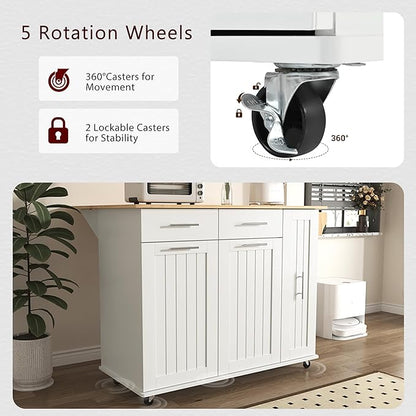 46" Kitchen Island with Drop Leaf,Kitchen Storage Cart W/ 3 Tier Pull Out Cabinet Organizer & Internal Storage Rack,Rolling Kitchen Cart on Wheels W/Towel Rack & 2 Drawers,for Kitchen,White