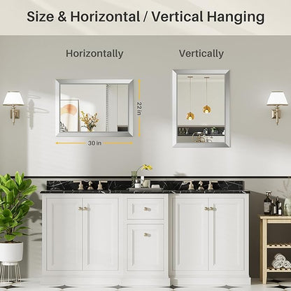 22x30 Inch Silver Bathroom Mirror for Wall, Thick Metal Framed Rectangle Mirrors for Over Sink, Bedroom, Living Room, Entryway, Anti-Rust, HD Tempered Glass