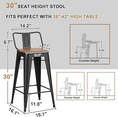 30 Inch Swivel Bar Stools Set of 4 with Backs Counter Height Industrial Metal Barstools Island Bar Chairs for Home Kitchen Dining Room (Swivel 30 inch,Matte Black Wooden)