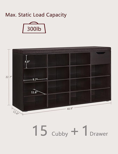 DINZI LVJ Shoe Bench, Entryway Storage Bench with Drawer and 15 Cubbies, Cubby Shoe Rack with Adjustable Shelves, Shoe Organizer Cabinet for Living Room, Bedroom, Mudroom, Closet and Garage, Espresso