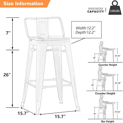 Yongchuang 26 inch Bar Stools Set of 4 Industrial Kitchen Counter Height Barstools with Wood Seat Metal Low Back Bar Chairs Gunmetal