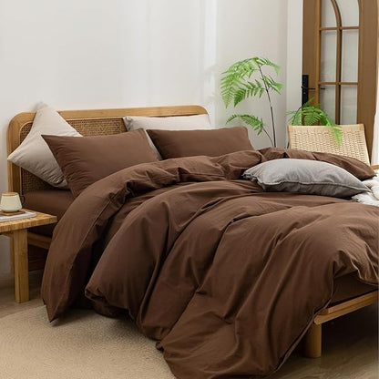 BESTOUCH Duvet Cover Set 100% Washed Cotton Linen Feel Super Soft Comfortable Chic Lightweight 3 PCs Home Bedding Set Solid Cocoa Brown Cal King
