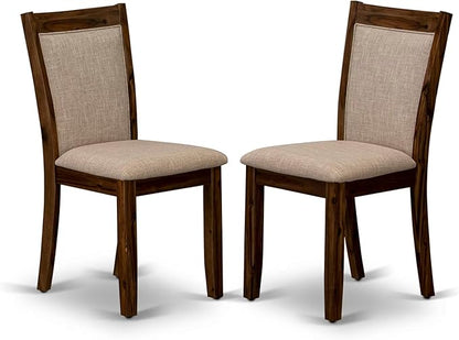 F7MZ5-50N-04 5-Pc Dining Table Set Includes a Pedestal Dinner Table and 4 Light Tan Polyester Fabric Parson Chairs with Padded Back- Antique Walnut