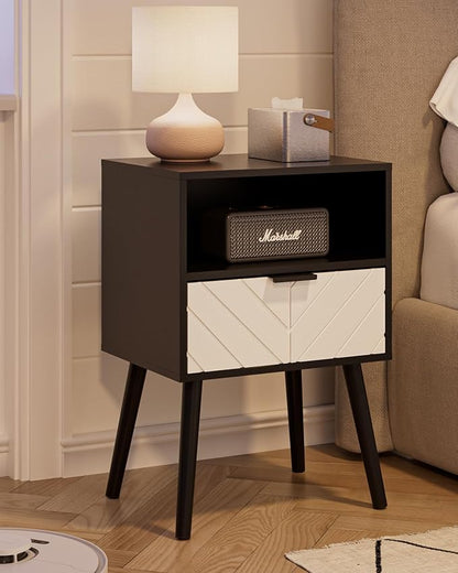 Nightstand,Bedside Table with Gold Frame, Black Night Stand, Modern Bedside Furniture,End Table with Drawer and Shelf for Bedroom,Living Room