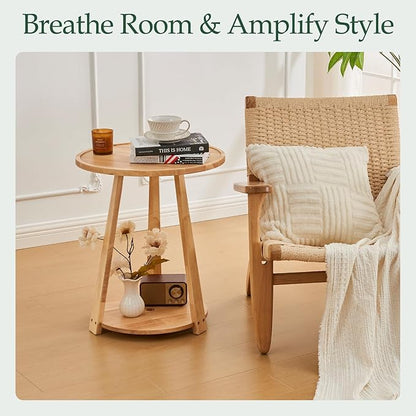 Round Solid Wood Side Table - Small Round Wooden End Table, Modern Living Room Side Beside Tables with Shelf for Couch Sofa Armchair Office Bedroom, Natural, 19.6 in x 19.6 in x 23.6 in