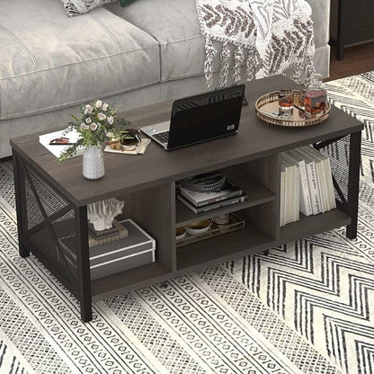FATORRI Rustic Coffee Table for Living Room, Farmhouse Dark Wood Center Table, Industrial Rectangle Cocktail Tea Tables (Walnut Brown)