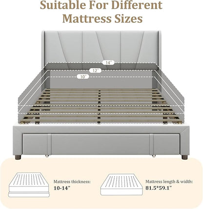 Queen Bed Frame with Storage Drawers, Upholstered Platform Bed with Headboard and Wingboard, No Box Spring Needed, Noise Free, Easy Assembly, Wooden Support Slats, Light Grey