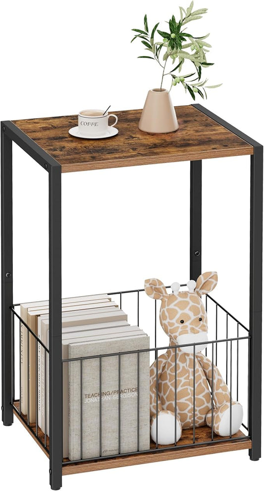 Side Table with Magazine Holder, Record Player Stand with LP Shelf, End Table for Living Room, Bedroom, or Bedside, Easy Assembly, 11" D x 16.9" W x 23.6" H, Rustic Brown