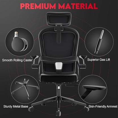 Big and Tall Ergonomic Office Chair - 400LB Comfy Desk Chairs with Headrest and Lumbar Back Support, Heavy Duty Mesh Computer Chair with Wheels and Arms for Home Office, Bedroom, Study Room