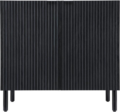 Sango Merk 2-Door Cabinet, Modern Black Storage Cabinet with Vertical Groove Doors, Adjustable Shelf, Cylindrical Wood Legs, Discreet Metal Finger Pulls, Stylish Furniture for Living or Dining Room