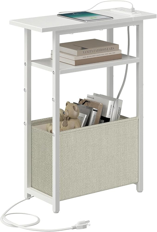 Narrow Side Table with Charging Station, Small End Table for Small Spaces, Skinny Nightstands with Storage Basket, 3 Tier Sofa Couch Bedside Tables for Living Room,Bedroom, White