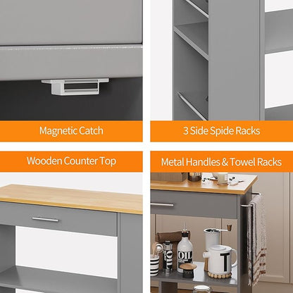 Shintenchi Kitchen Island on Wheels with Storage, Wheeled Island & Cart with 3-Tier Spice Rack, 3 Open Shelves and 1 Drawer, Gray