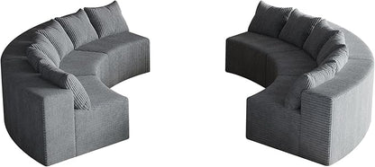 KEIKI Corduroy Curved Sectional Sofa, 6 Seater Symmetrical Modular Semi Circular Couch, Tufted Deep Seat Corner Sofa for Living Room, Lobby, Gray