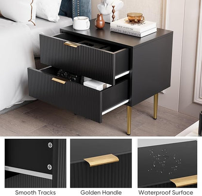 Black Nightstand for Bedroom, Fluted Night Stand, End Table for Living Room, Mid Century Modern Bedside Table with Drawers, Bed Side Table with Gold Metal Legs, Bedroom Furniture Stripe