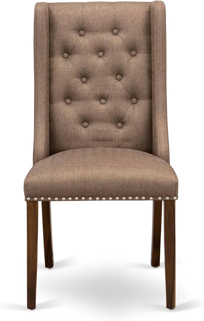 LEFO9-AWA-18-9-Piece Kitchen Table Set Includes a Breakfast Table and 8 Brown Linen Fabric Parson Chairs with Button Tufted Chair Back - Antique Walnut Finish.