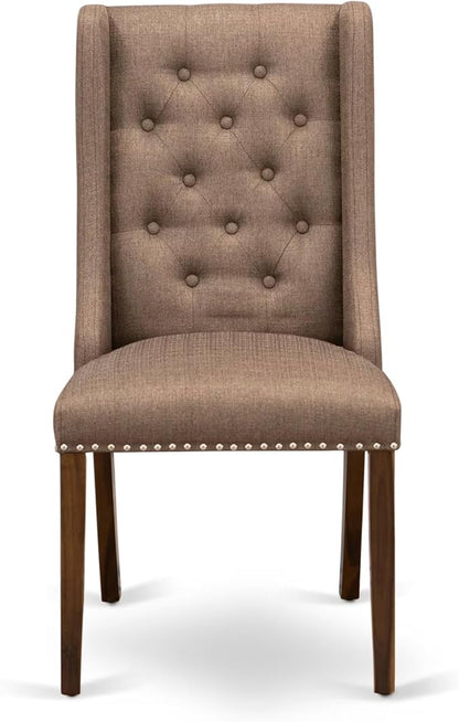 LEFO9-AWA-18-9-Piece Kitchen Table Set Includes a Breakfast Table and 8 Brown Linen Fabric Parson Chairs with Button Tufted Chair Back - Antique Walnut Finish.