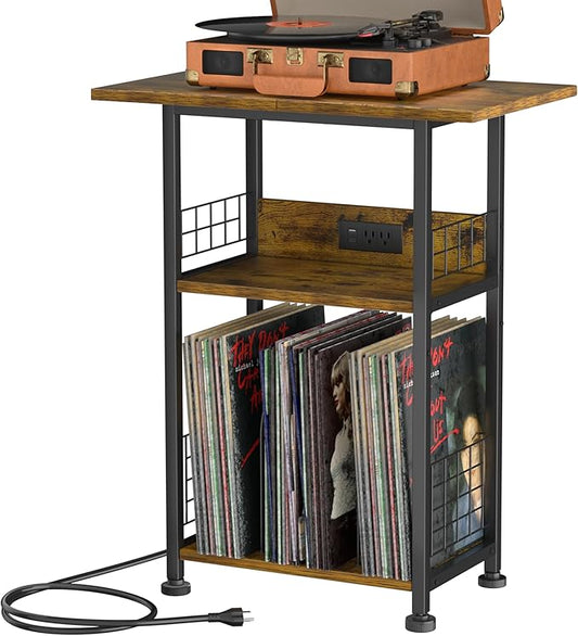 Record Player Stand with Charging Station, 3 Tier Turntable Stand with Storage Cabinet, Vinyl Storage End Table Hold Up to 200 Albums, Record Table for Vinyl, Living Room, 23.6" W x 15.7" D