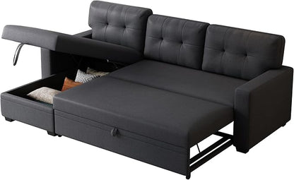 Ball & Cast Convertible Sectional Sleeper Sofa Bed L Shaped 4 in 1 Pull Out Couch with Reversible Storage Chaise & Removable Back Cushions,Sleeper Corner Pull Out Sofa Bed Couch for Living Room,Office
