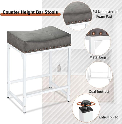 Bar Stools Set of 4, 24" Counter Height Bar Stools Set of 4 with Thick Saddle Cushion and Barstools Metal Frame, Modern Backless Saddle Counter Stools for Kitchen Island Bar Grey+White