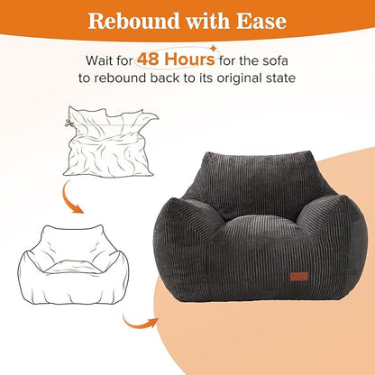 Big Bean Bag Chair for Adults & Kids, Ultra Soft Living Room Bean Bag with Armrests, Stuffed BeanBag Floor Sofa for Napping, Gaming, Lounging, Dark Gray