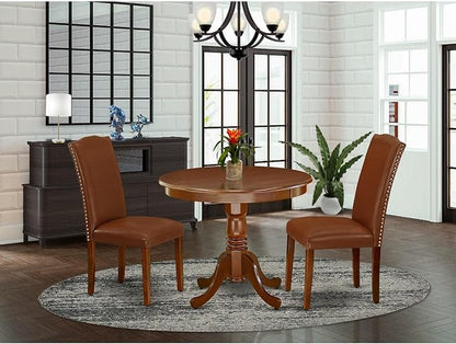 East West Furniture ANEN3-MAH-66 3 Piece Dining Room Furniture Set Contains a Round Dining Table with Pedestal and 2 Brown Faux Faux Leather Upholstered Chairs, 36x36 Inch, Mahogany
