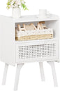 Lerliuo Rattan Nightstand, Side Table with Drawer Open Shelf, Cane Accent Bedside End Table with Solid Wood Legs, Mid Century Modern Night Stand for Bedroom, Dorm and Small Spaces (White)
