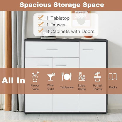COSTWAY Buffet Sideboard Storage Cabinet, White Kitchen Sideboard with Spacious Table Top, 2 Door Cabinets, Large Drawer, Adjustable Shelf, Anti-Toppling Device, Console Cupboard for Home Living Room