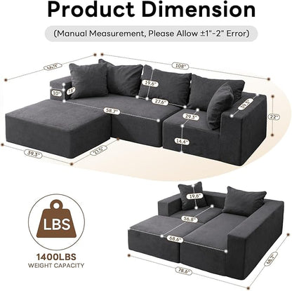 Vamcheer Modular Sectional Sofa with Chaise, Modern L Shaped Cloud Couch with Deep Seat, Sectional Couches for Living Room, Bedroom, Office, No Assembly Required, Gray