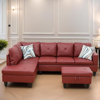 Leather Sectional Couch, Modern L Shaped Couches for Living Room, Comfy 4 Seat Modular Sectional Sofa with Ottoman Storage for Bedroom Apartment, Red