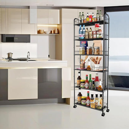 Slim Storage Cart with Wheels, 6-Tier 6in Black Narrow Rolling Shelf,Sturdy Slim Storage Ideal for Kitchen, Bathroom, and Laundry Room