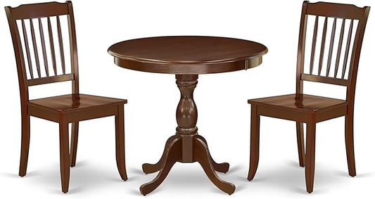 East West Furniture AMDA3-MAH-W 3 Piece Dining Table Set for Small Spaces Contains a Round Kitchen Table with Pedestal and 2 Dining Chairs, 36x36 Inch, Mahogany