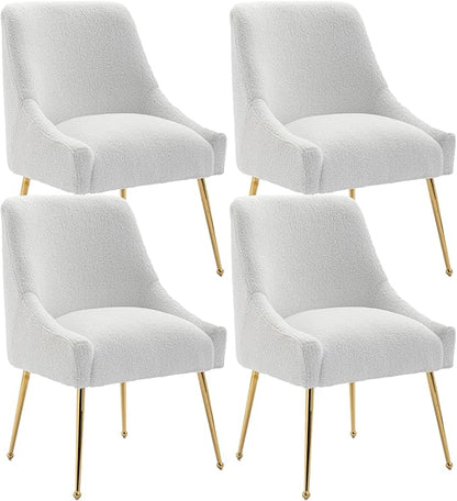 Dining Chairs Medieval Modern Restaurant Chairs, Soft Cushions, Teddy Velvet, Polished Gold Metal Legs, Kitchen Chairs, Living Room White 4-Piece Set