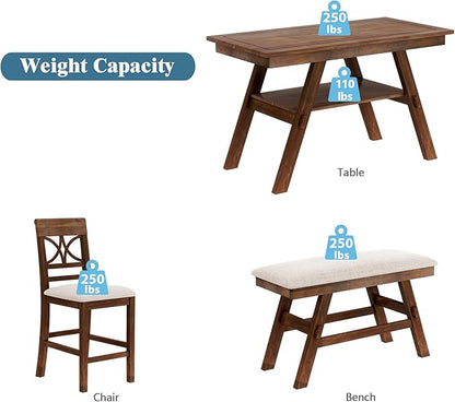Merax 6 Piece Wood Counter Height Dining Table Set with Storage Shelf, Beige Cushion, Kitchen Table Set with Bench and 4 Chairs, Rustic Style, Walnut