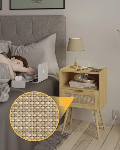 Rattan Nightstand with Outlet,Modern Bedside Table with Storage Drawer and Open Wood Shelf, for Living Room, Bedroom and Small Spaces, Accent Night Stand with Solid Wood Legs,Yellow Oak