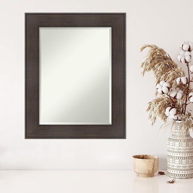 Amanti Art Brown Wall Mirror 30x24 William Rustic Woodgrain Rectangle Bathroom Mirror for Wall Decor Living Room, Medium Classic Frame, Hangs Horizonally and Vertically, Bathroom Decor, Beveled Edge