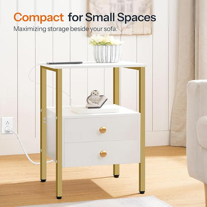 HOOBRO End Table with Charging Station, Bedside Table with 2 Drawer & USB Port & Type-C Port, Nightstand for Small Spaces, Stable and Sturdy, for Living Room, White and Gold DW43UBZ01