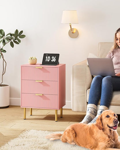 Night Stand,Tall Bedside Table with 3Storage Drawers,Pink nightstand,Bedside Furniture,Side Table with Gold Frame,Drawer Dresser for Bedroom,Living Room (Modern-3drawers, Pink)