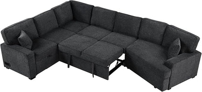 126" Extra Large Pull-Out Sofa Bed with Drop-Down Cup Holder Tables,L-Shaped Sectional Couch W/Charging Device,Convenient Sleeper Furniture Set for LivingRoom Apartment,Beige Chenille