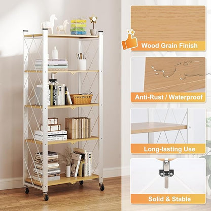 BAOYOUNI 5-Tier Vintage Industrial Bookshelf - No Assembly Folding Storage Shelf with Woodgrain Finish | Collapsible Metal Bookcase for Living Room, Office & Bedroom