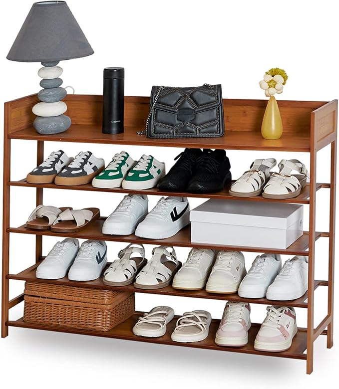 Bamboo Shoe Rack Organizer, 5 Tier Shoe Shelf Storage Organizer, for Entryway, Hallway, and Closet (Brown-39)