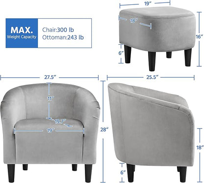 Yaheetech Accent Chair with Ottoman Set, Modern Upholstered Soft Barrel Chair with Footstool, Comfy Fabric Armchair and Footrest for Living Room/Bedroom/Reading Room/Guestroom, Gray