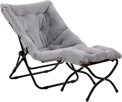 Comfy Folded Chair with Ottoman, Oversized Folding Faux Fur Chair Soft Furry Lounge Lazy Chair with Metal Frame Moon Chair Accent Chair for Bedroom, Living Room, Dorm Rooms