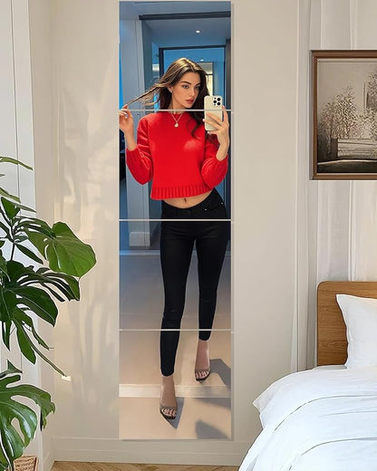 Glass Wall Mirror Tiles 12" x 12" Frameless Full Length Mirror Wall Mounted Full Body Mirrors for Bedroom Home Gym Door Bathroom (4PCS)