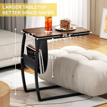 SRIWATANA Side Table End Table, Vintage C Shaped Couch Table with Side Pocket for Sofa Laptop Coffee Snack, Walnut