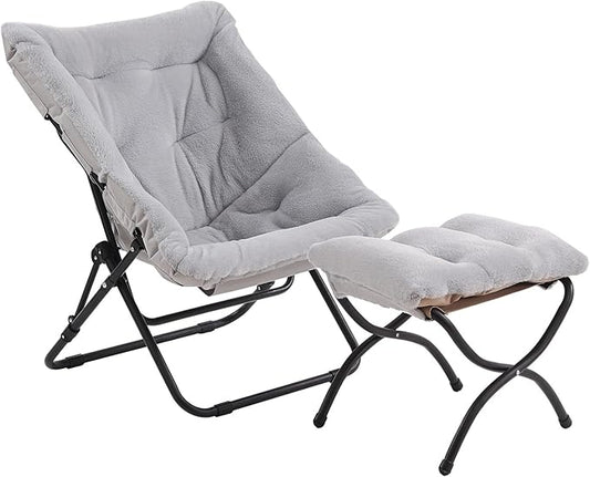 Tiita Folded Chair with Ottoman, Soft Faux Fur Oversized Folding Accent Chair,Lounge Lazy Chair, Metal Frame Moon Chair for Bedroom, Living Room, Dorm Rooms, Garden and Courtyard
