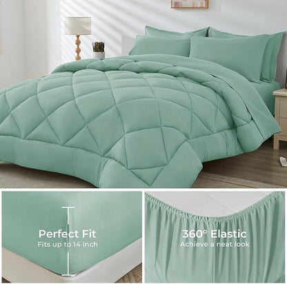 HEVUMYI Sage Green Queen Comforter Set - 7-Piece All Season Bed in a Bag Queen, Ultra Soft Bedding Set with Comforter, Flat Sheet, Fitted Sheet, Pillowcases, Pillow Shams, Sage Green