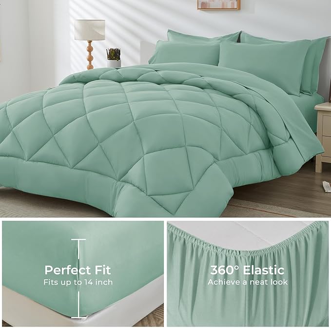 HEVUMYI Sage Green King Comforter Set - 7-Piece All Season Bed in a Bag King, Ultra Soft Bedding Set with Comforter, Flat Sheet, Fitted Sheet, Pillowcases, Pillow Shams, Sage Green