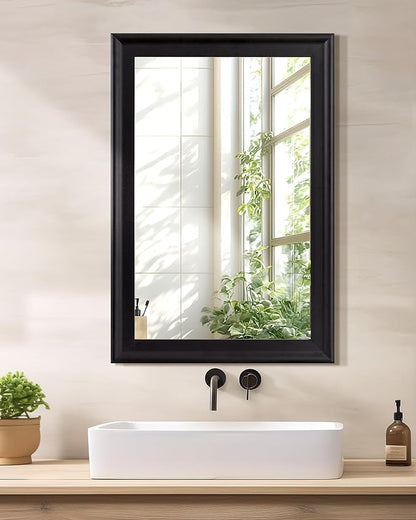 CULER Black Wood Wall Mirror for Bathroom,Rectangle Rustic 24 x 36 inch Hanging VanityMirrors with Wooden Frame for Living Room,Bedroom,Entryway