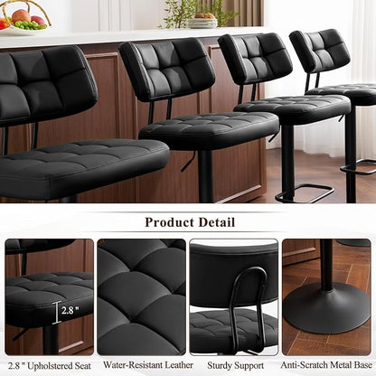 Furniliving Modern Bar Stools Set of 2 Faux Leather, Upholstered Swivel Barstools with Back, Adjustable Bar Chairs Counter Height for Kitchen Island, Dining Space, Black