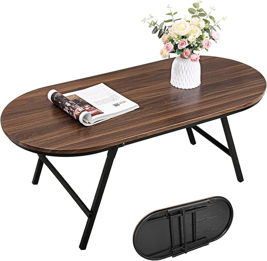 Folding Coffee Table for Small Spaces Wood and Metal Oval Coffee Tables No Assembly Low Coffee Table for Living Room, Home, Office, Rustic Brown